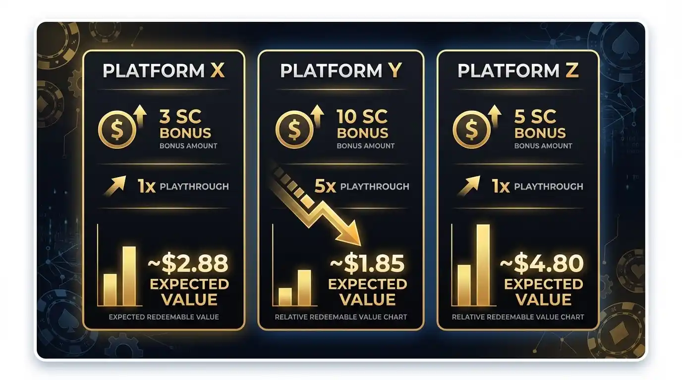 Comparison chart showing how playthrough requirements reduce the real value of sweepstakes casino bonuses