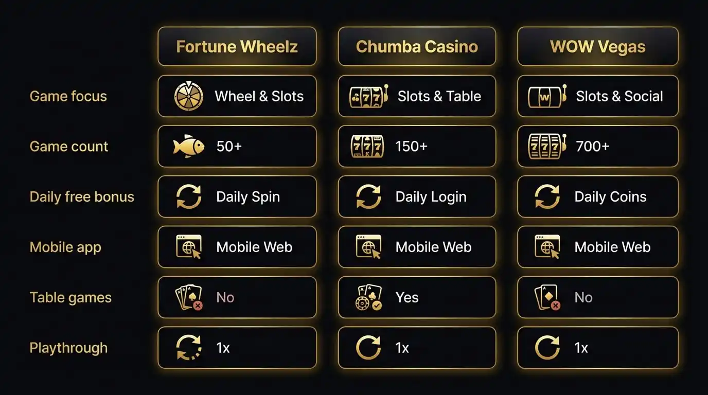Comparison of Fortune Wheelz strengths and weaknesses against competing sweepstakes casino platforms
