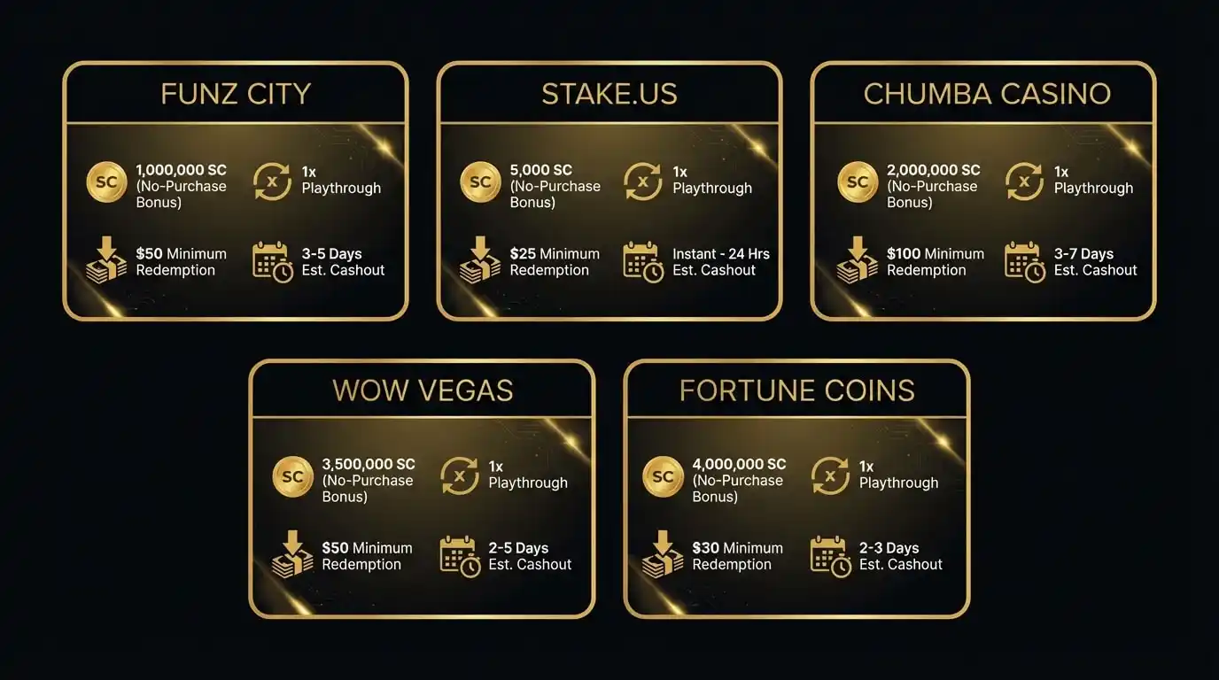 Sweepstakes casino redemption comparison chart showing days to first cashout across platforms