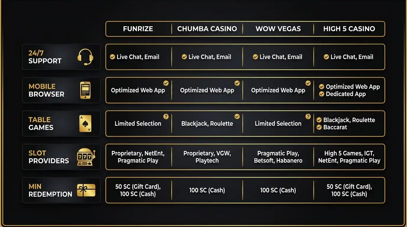 Comparison of Funrize Casino features and strengths against competitor sweepstakes platforms