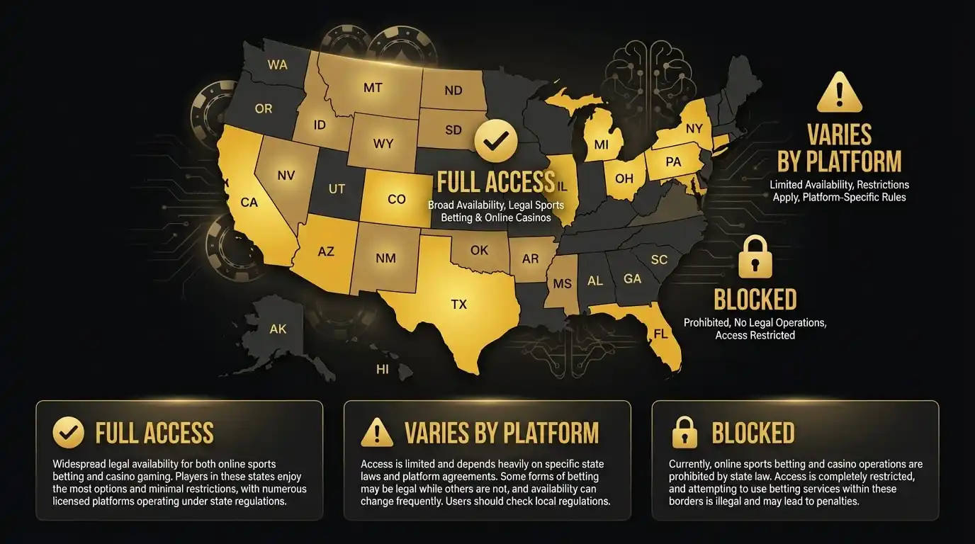 Map illustration showing varying sweepstakes casino availability across US states