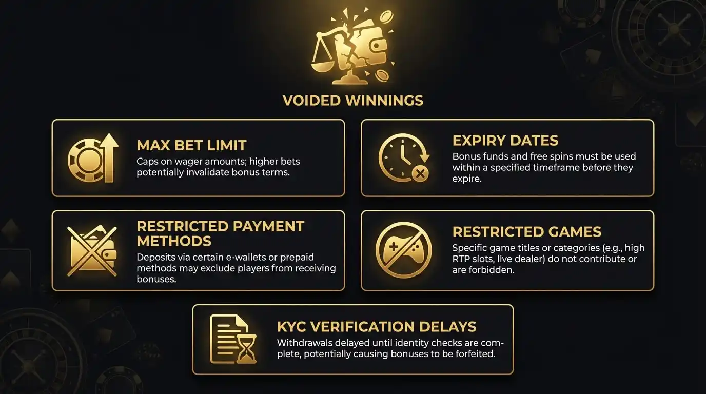 Casino bonus terms that void winnings including max bets, expiry dates, and restricted payment methods