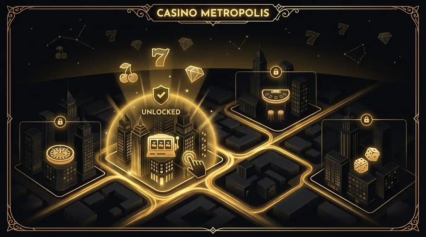 Funz City casino urban map interface showing city-themed slot game locations and district navigation